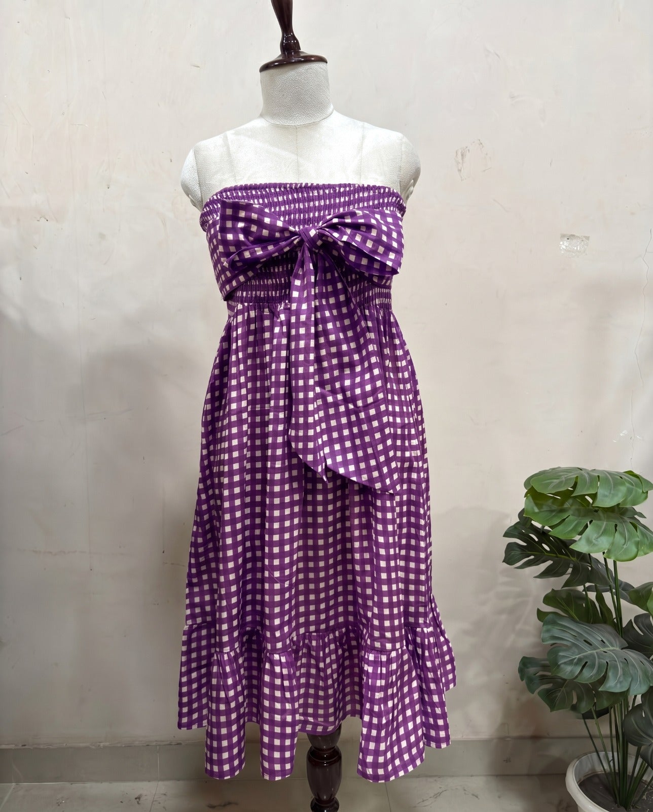 Purple Gingham Strapless Bow Dress