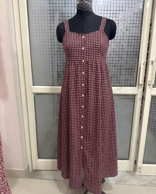 Maroon Checkered Button-Down Midi Dress