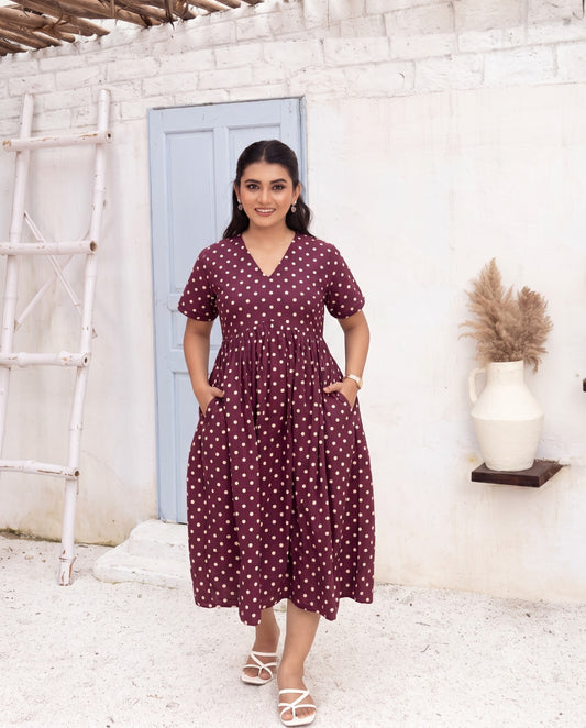 Maroon Polka Dot V-Neck Midi Dress