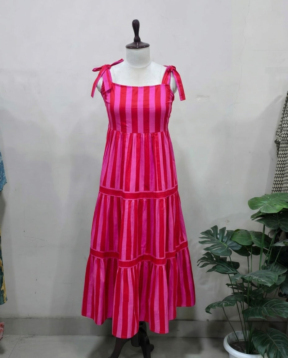 Pink Striped Tie-Shoulder Tiered Maxi Dress