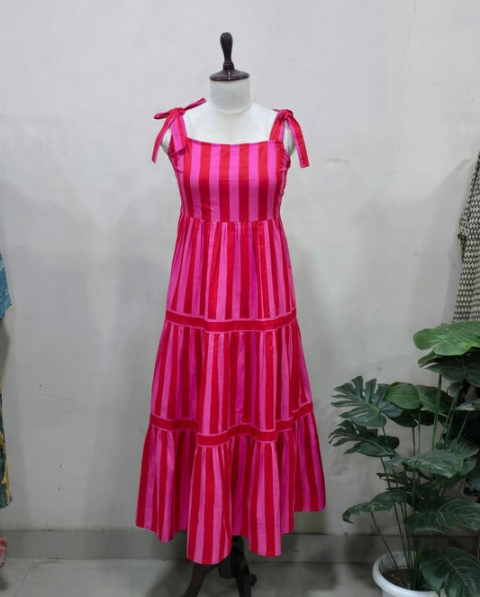 Pink Striped Tie-Shoulder Tiered Maxi Dress