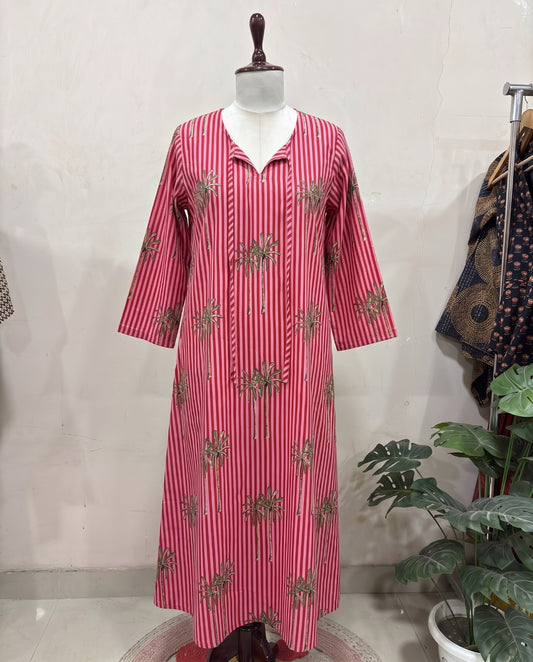Pink Striped Palm Printed Dress