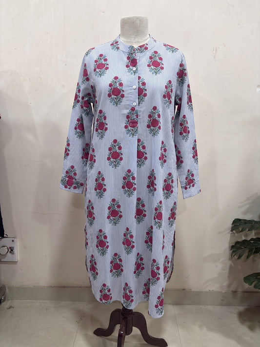 Blue Striped Floral Print Midi Dress
