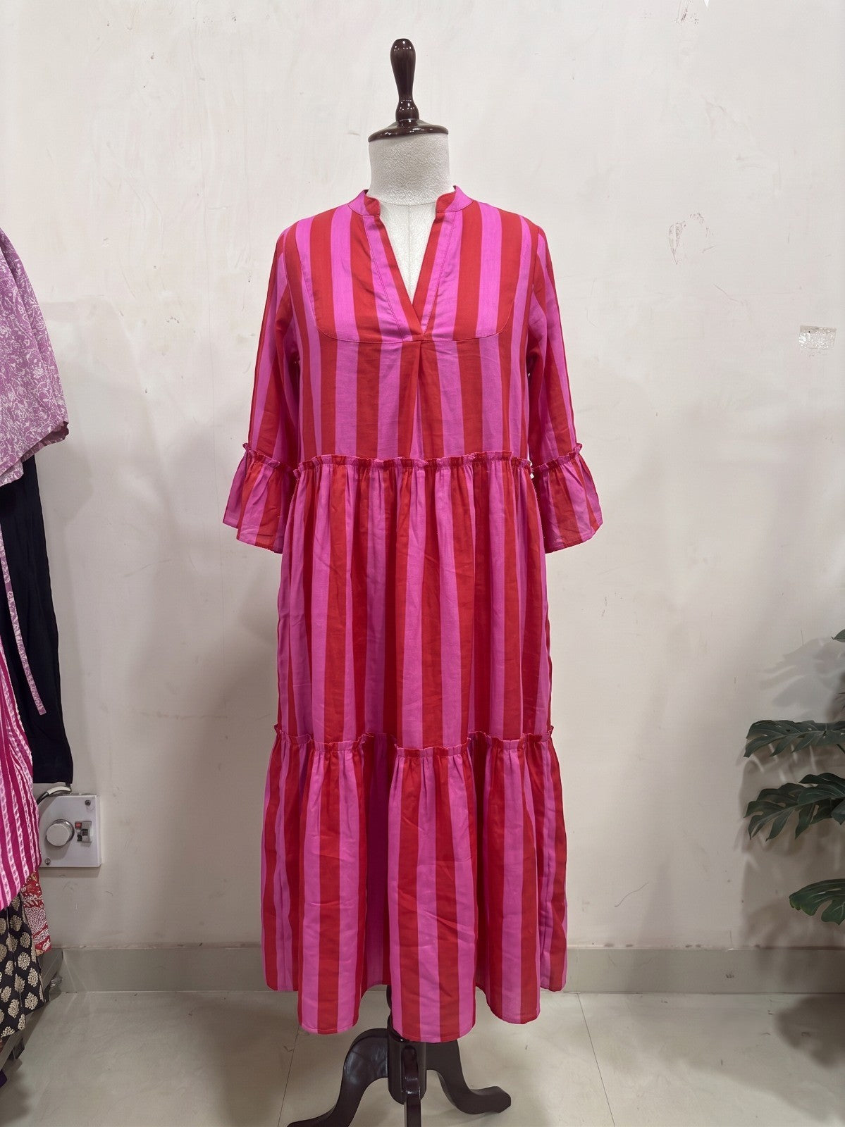 Pink & Red Striped Tiered Maxi Dress