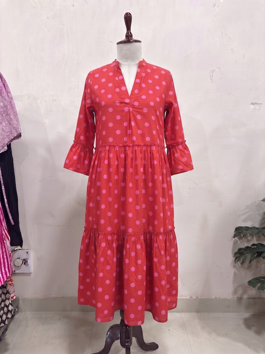 Red & Pink Polka Dot Tiered Maxi Dress