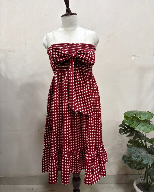 Maroon Gingham Bow Strapless Midi Dress