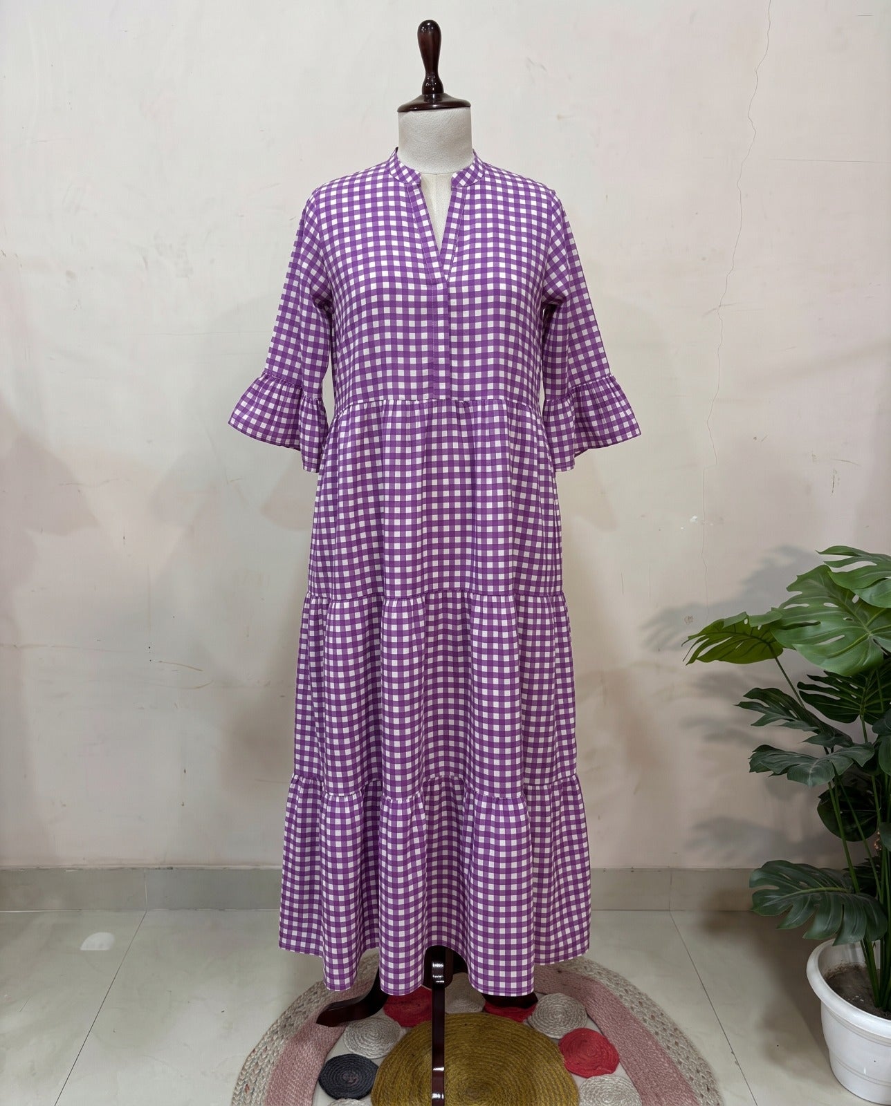 Purple Gingham Tiered Maxi Dress