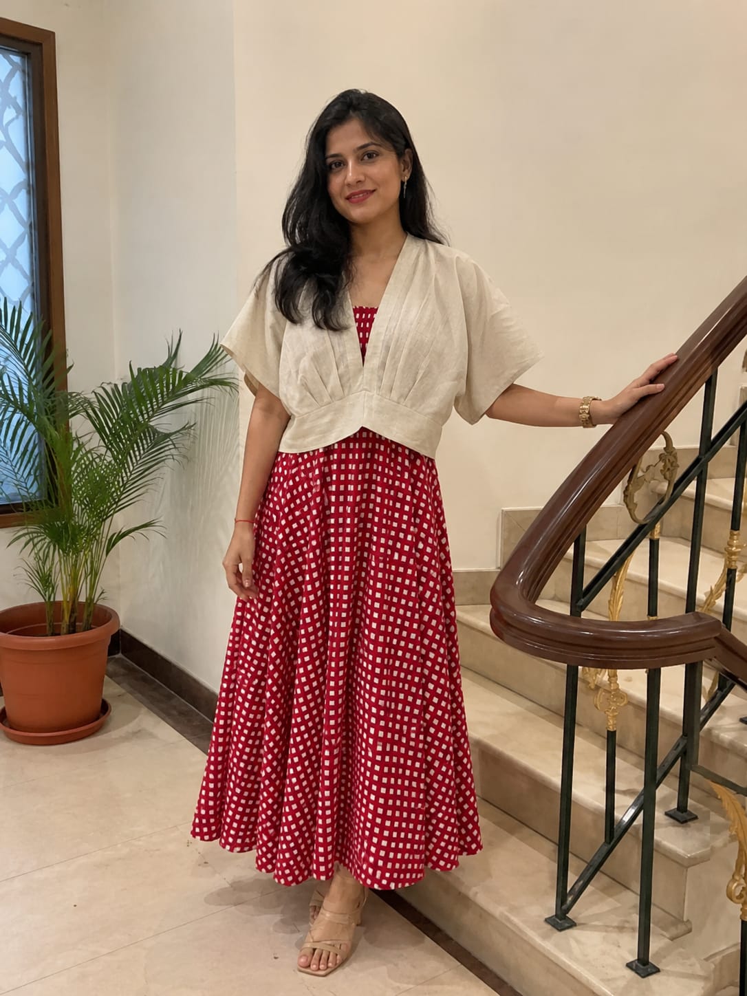 Rosso Gingham Flare Skirt with Ivory Top Set
