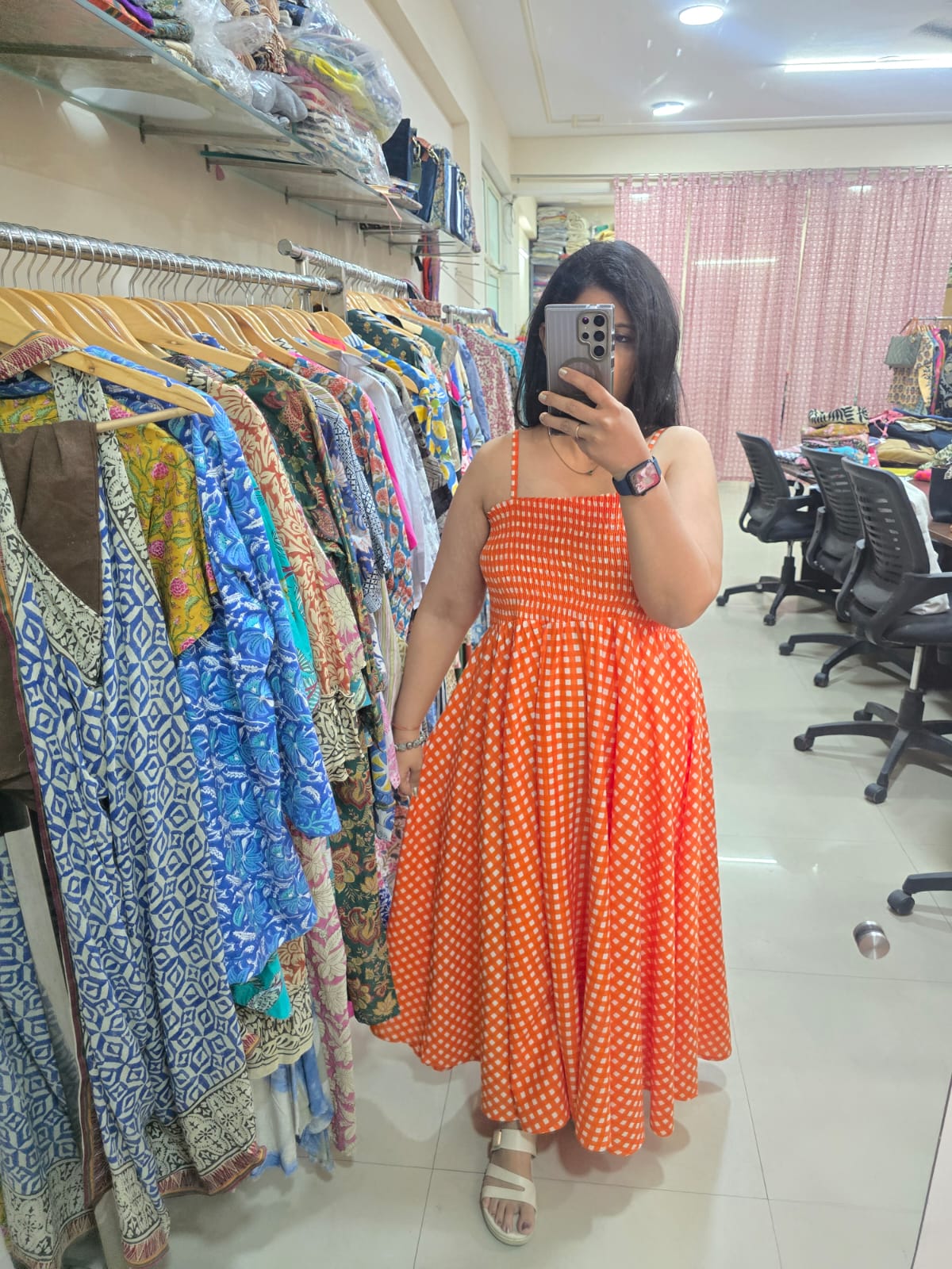 Orange Checkered Skirt Top Set