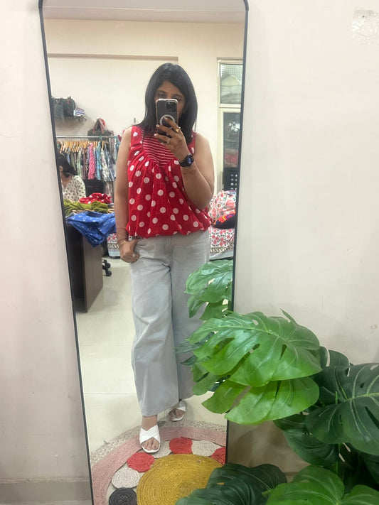 Red Polka Dot Shirred Top