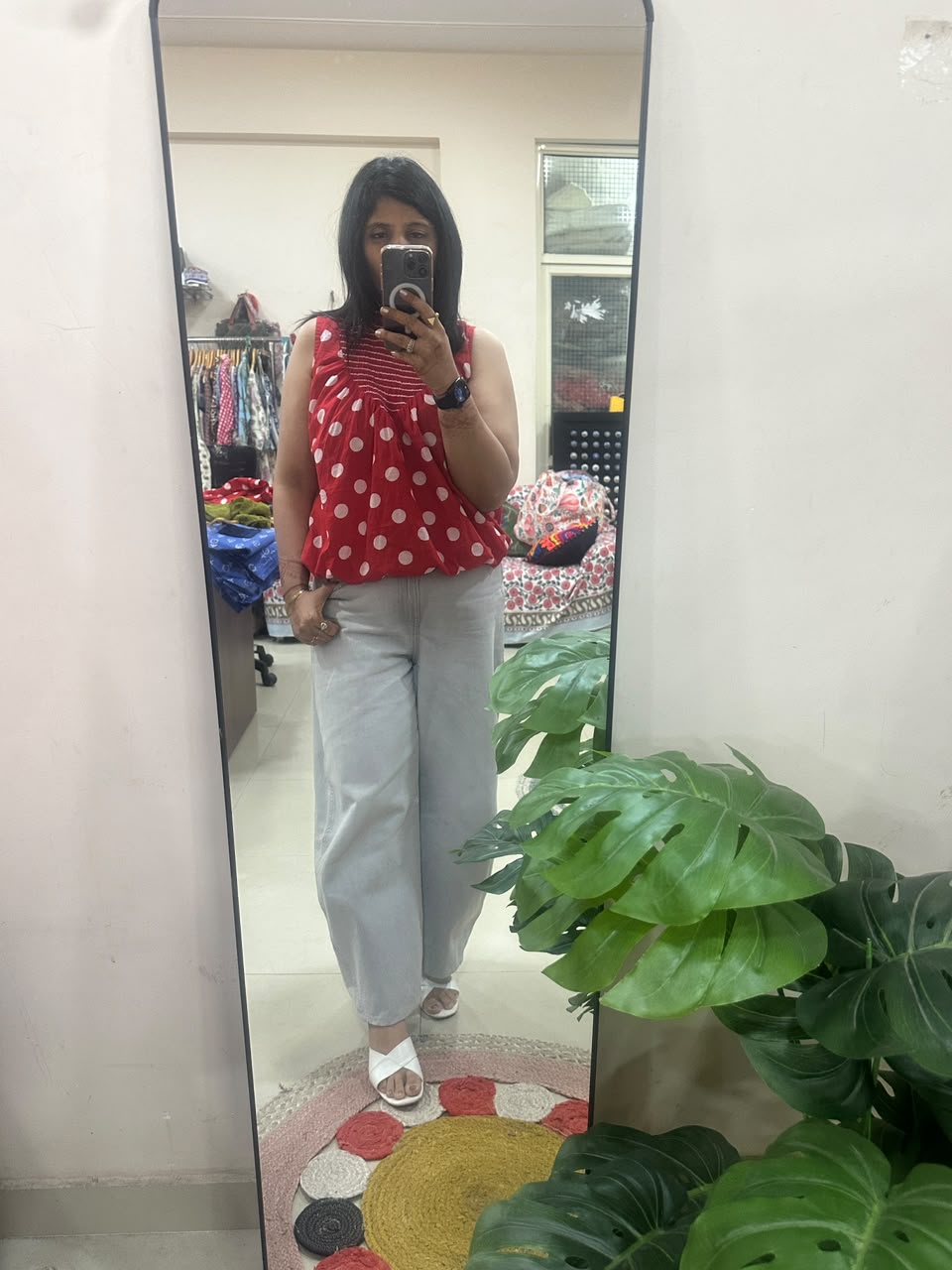 Red Polka Dot Shirred Top