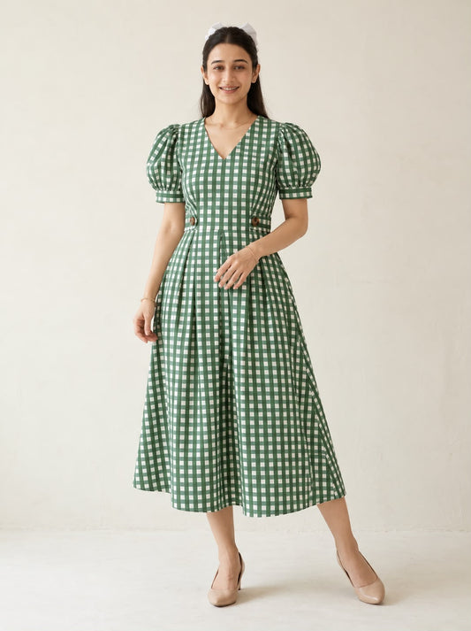 Olive Green Gingham Checked Midi Dress