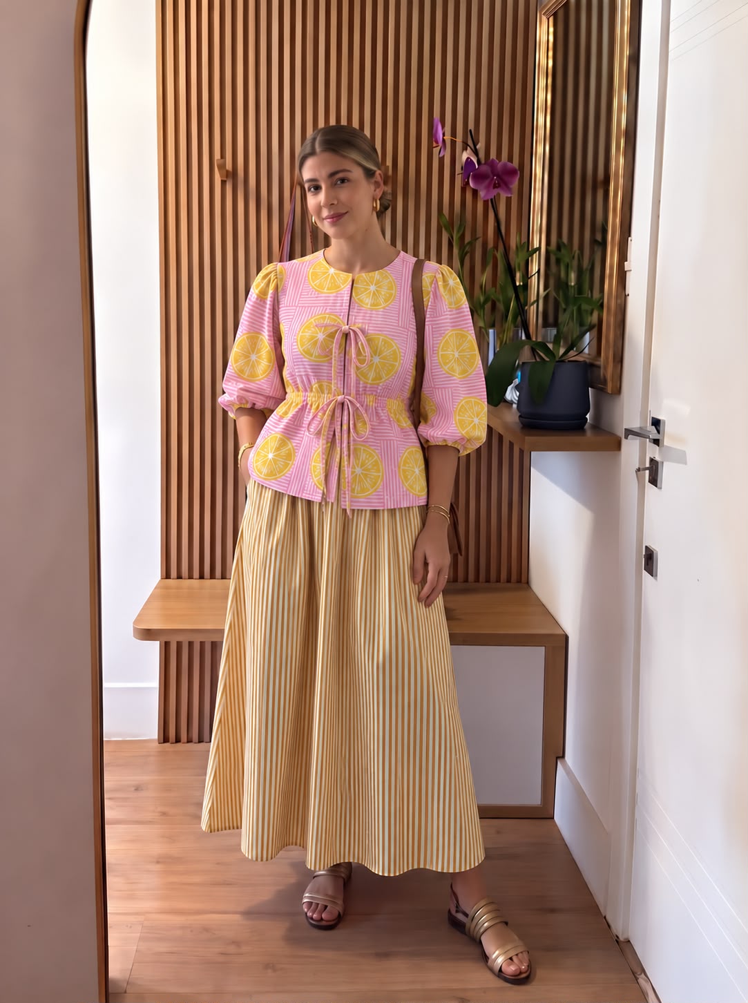 Yellow & Pink Lemon Printed Striped Skirt Set