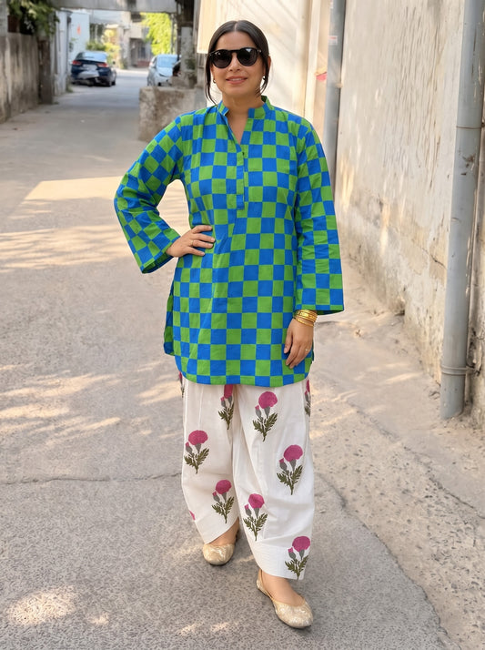 Tara Blue-Green Check & Floral Farshi Salwar
