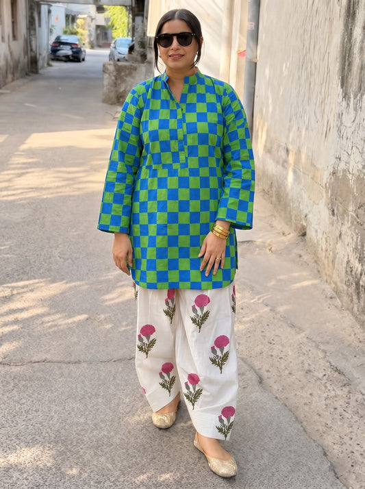 Tara Blue-Green Check & Floral Farshi Salwar