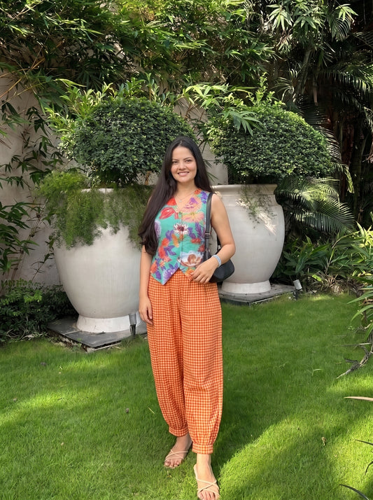 Floral Green & Orange Checked Balloon Pant Set