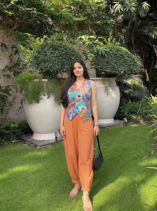 Floral Green & Orange Checked Balloon Pant Set