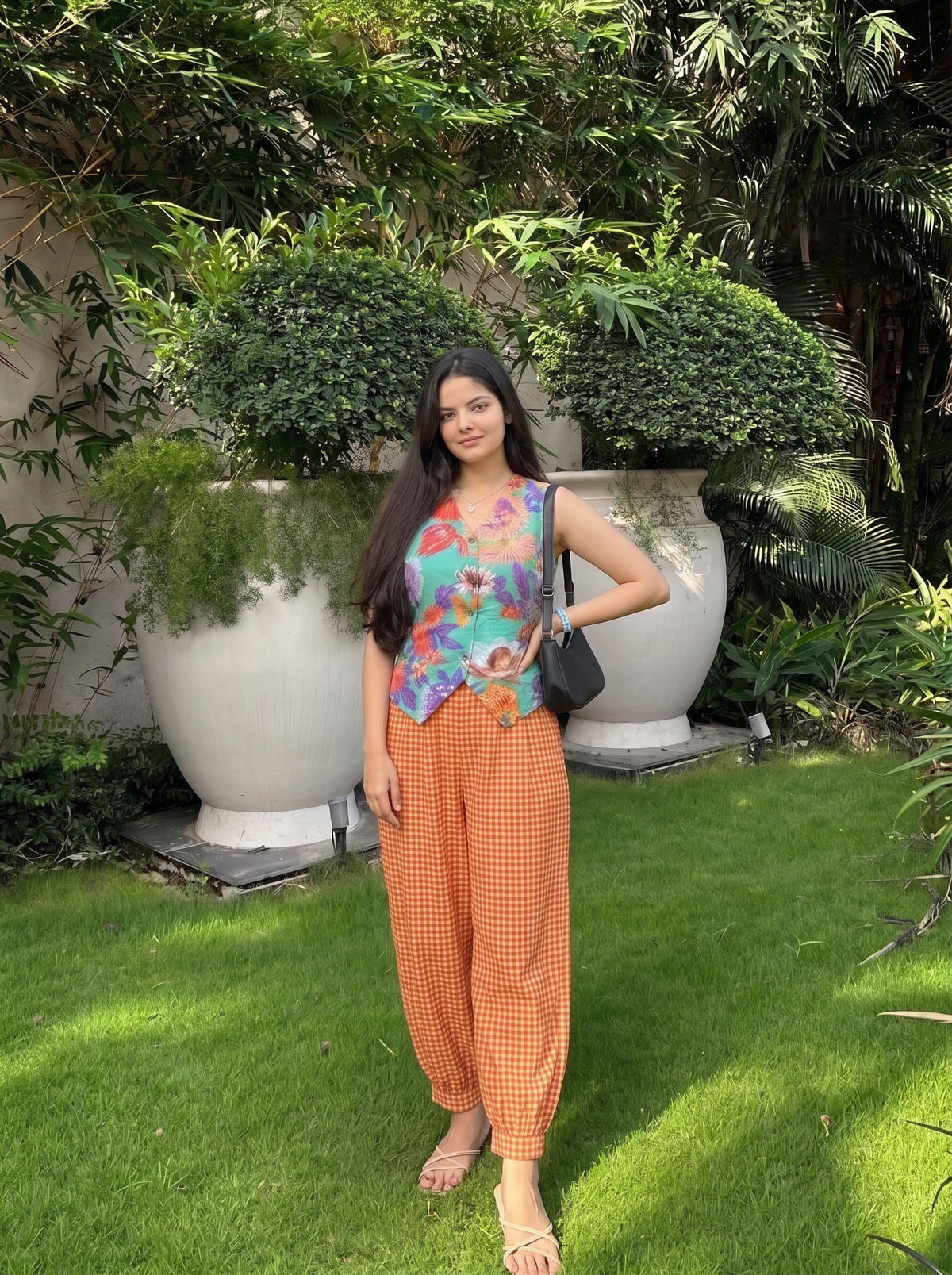 Floral Green & Orange Checked Balloon Pant Set