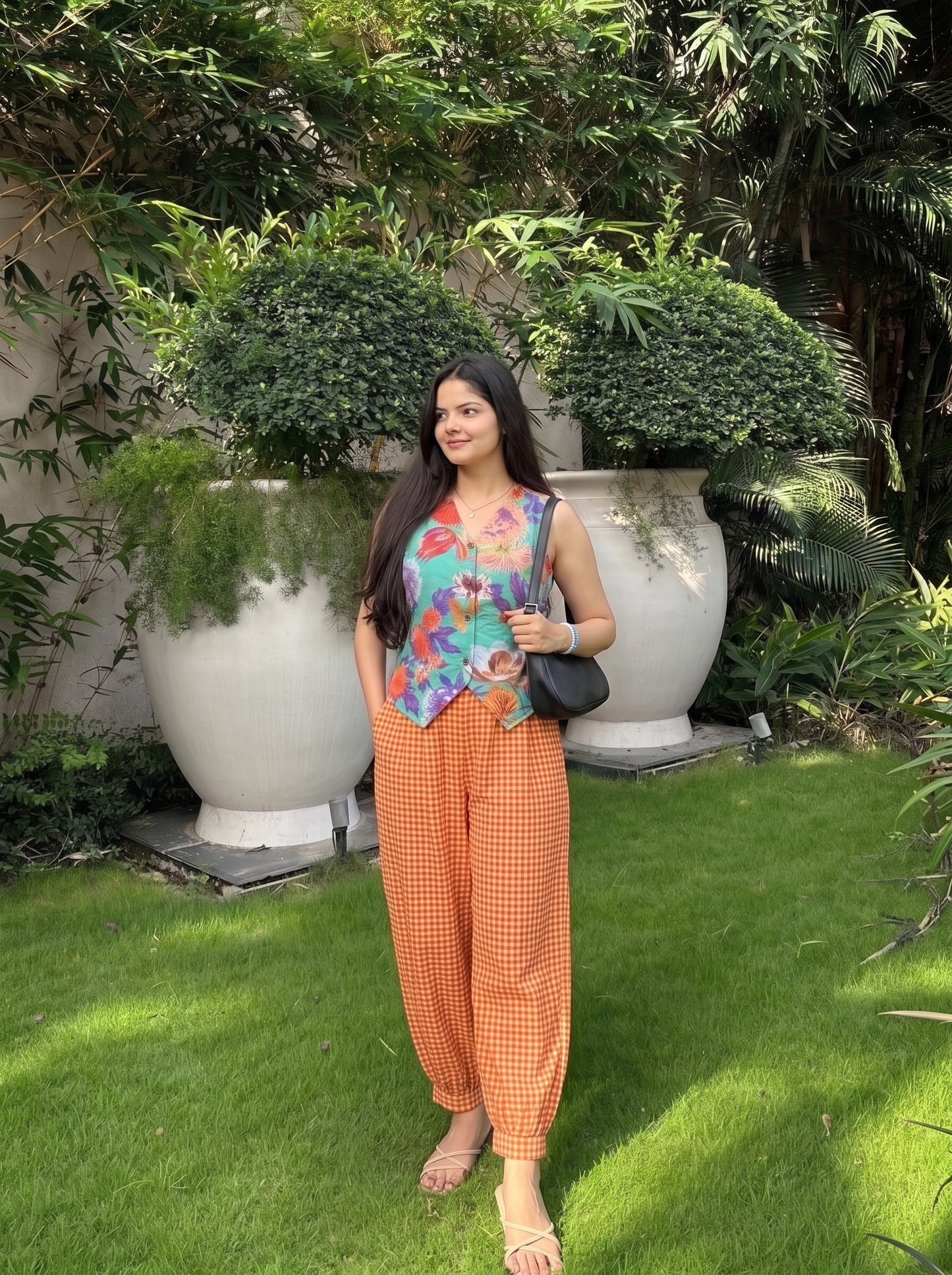 Floral Green & Orange Checked Balloon Pant Set