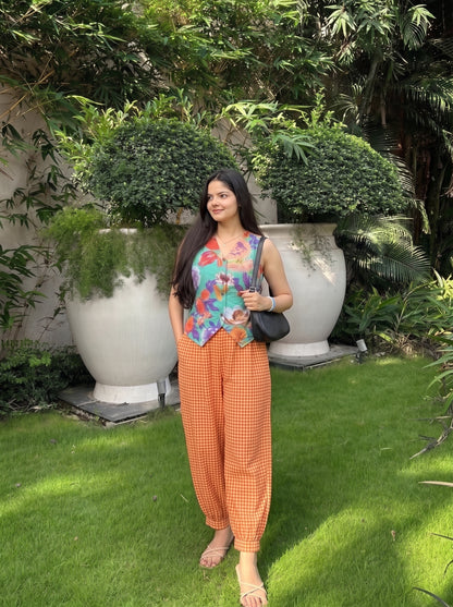 Floral Green & Orange Checked Balloon Pant Set