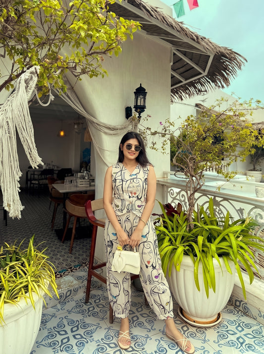 Abstract Face Printed Balloon Pant Set