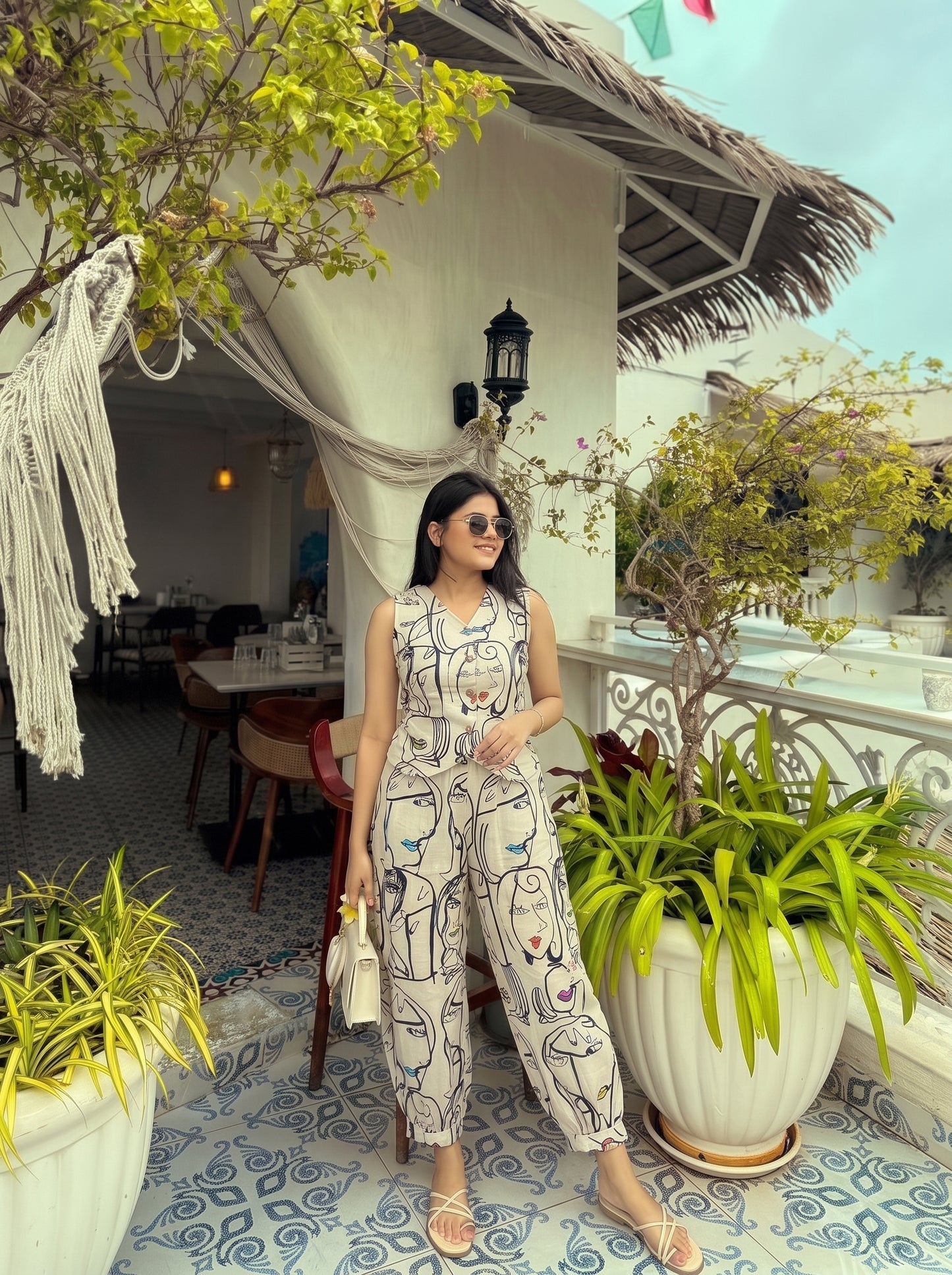 Abstract Face Printed Balloon Pant Set