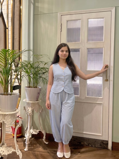 Sky Blue Striped Balloon Pant Set
