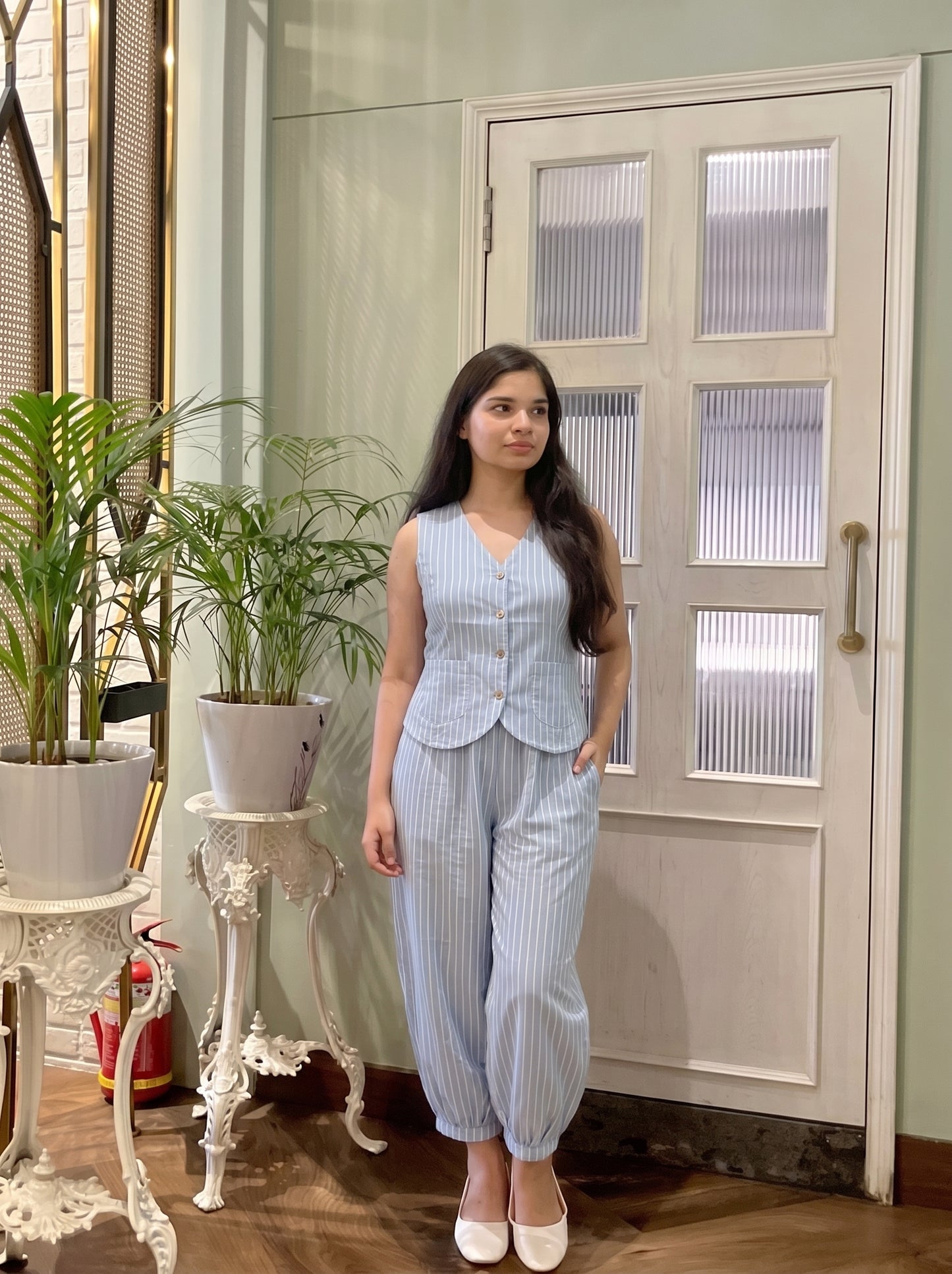Sky Blue Striped Balloon Pant Set