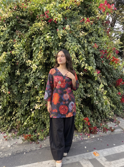 Floral Print V-Neck Farshi Salwar Set