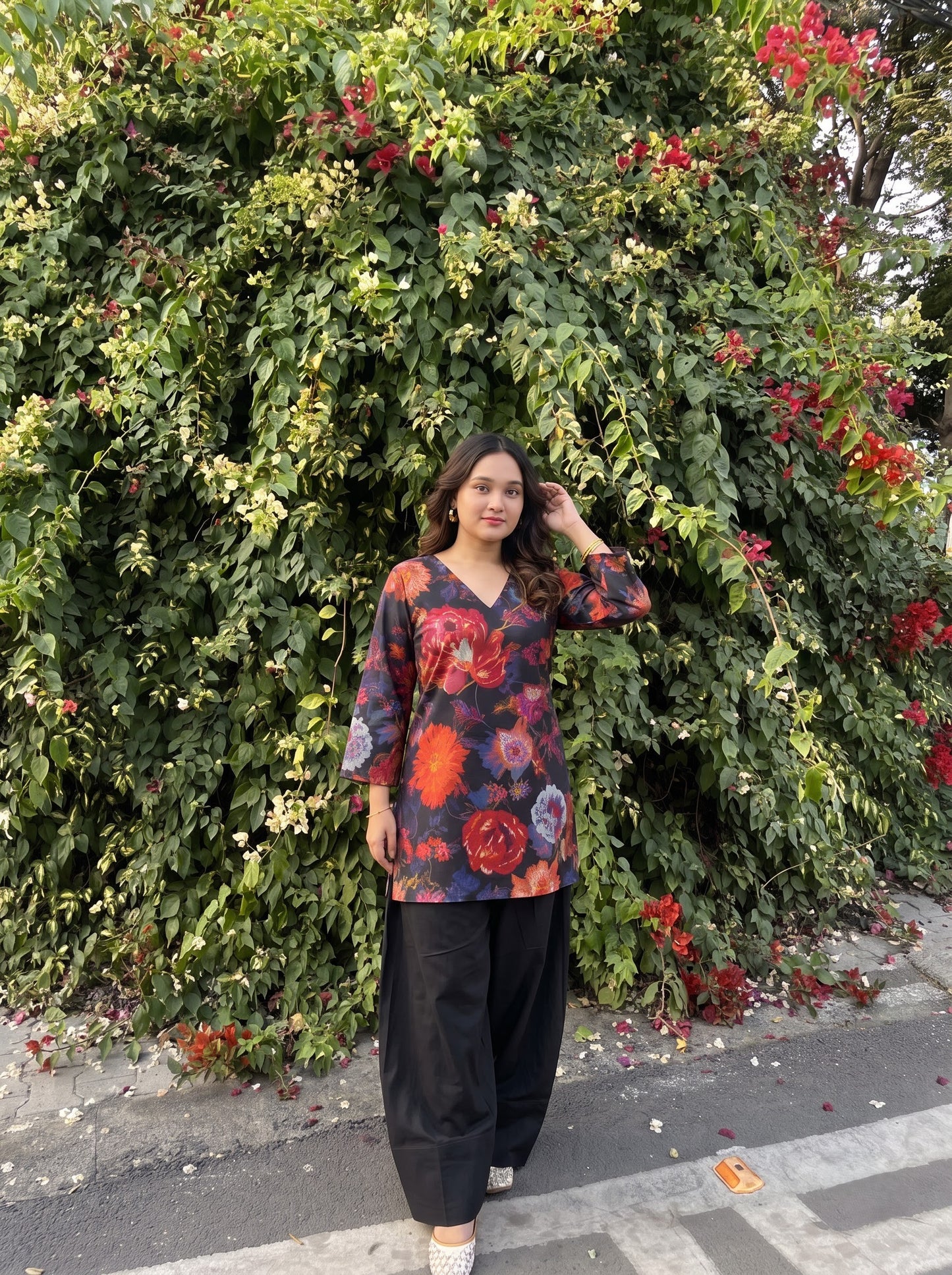 Floral Print V-Neck Farshi Salwar Set