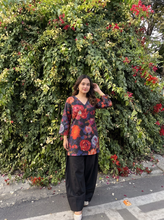 Floral Print V-Neck Farshi Salwar Set