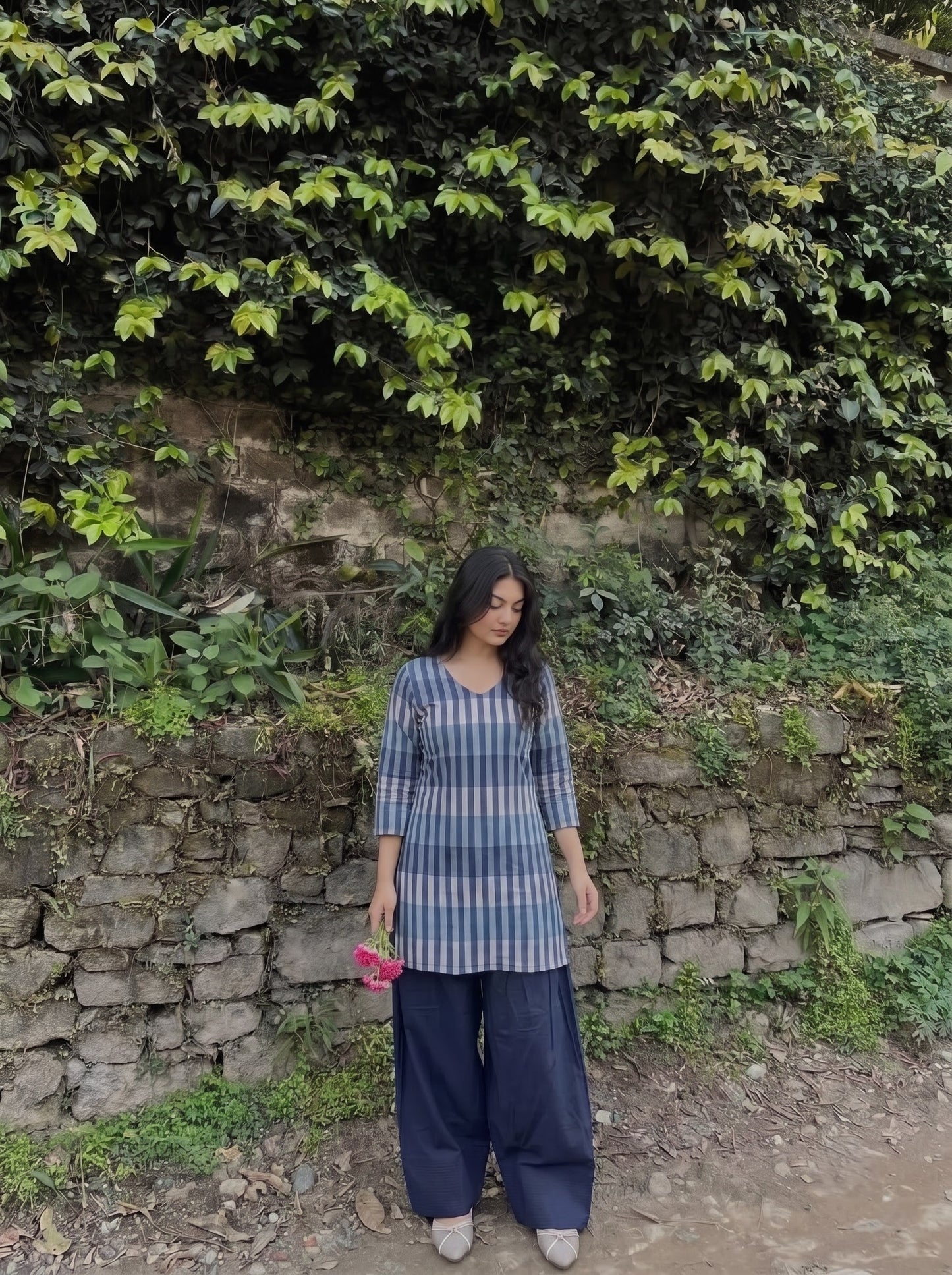 Blue Striped V-Neck Farshi Salwar Set