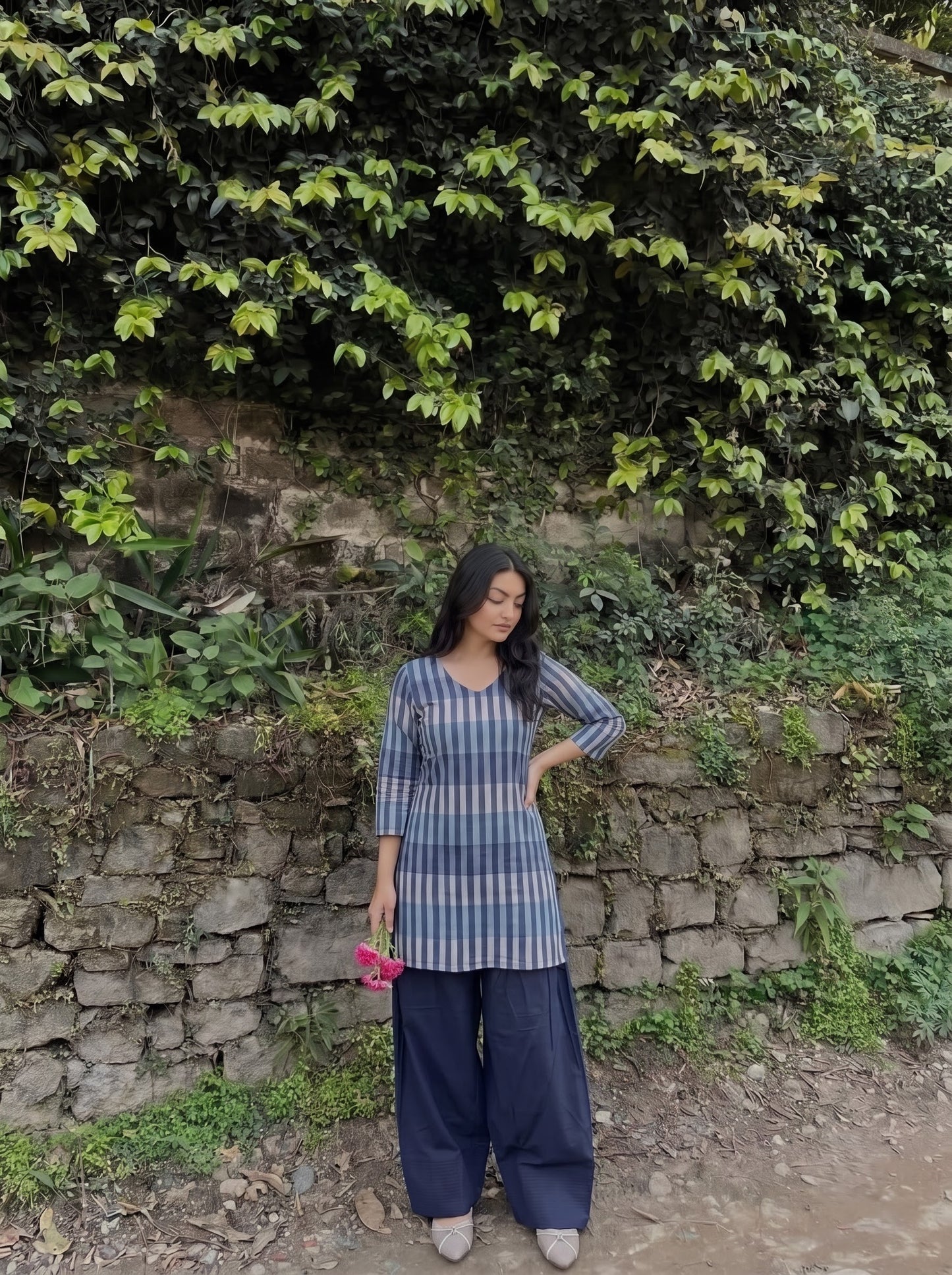 Blue Striped V-Neck Farshi Salwar Set