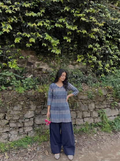 Blue Striped V-Neck Farshi Salwar Set