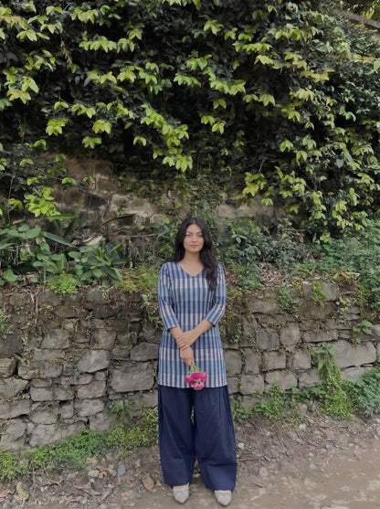 Blue Striped V-Neck Farshi Salwar Set