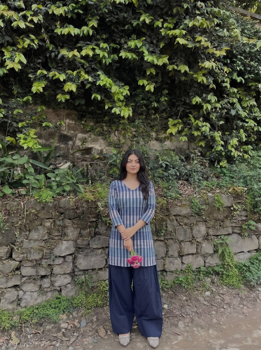 Blue Striped V-Neck Farshi Salwar Set