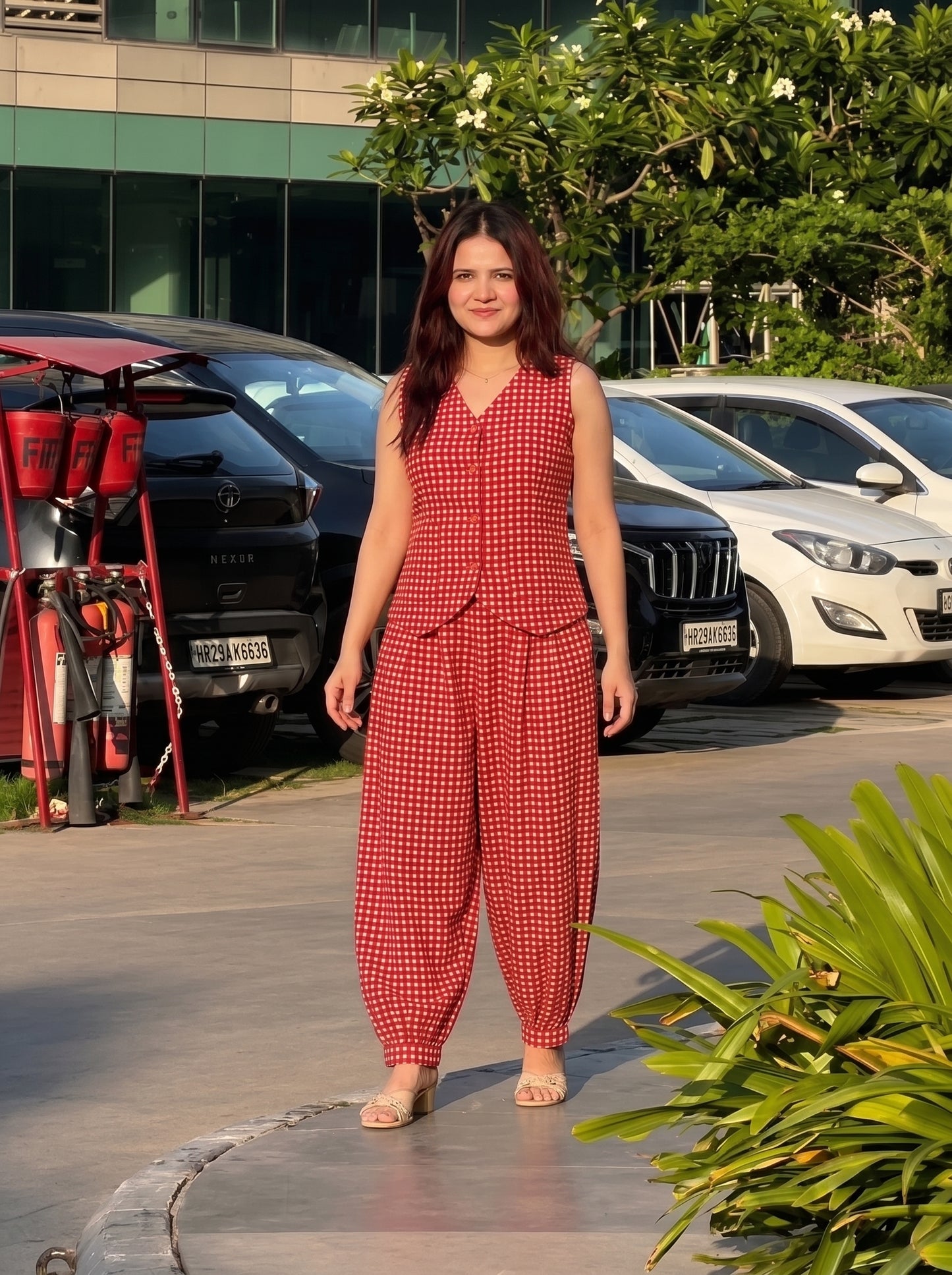Rust Red Checked Balloon Pant Set