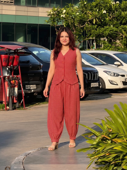 Rust Red Checked Balloon Pant Set