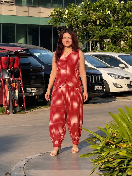 Rust Red Checked Balloon Pant Set