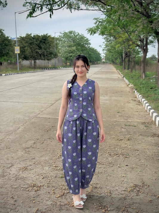 Indigo Floral Print Balloon Pant Set