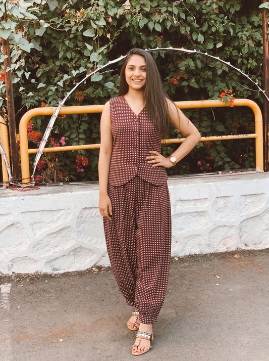 Maroon Checked Balloon Pant Set