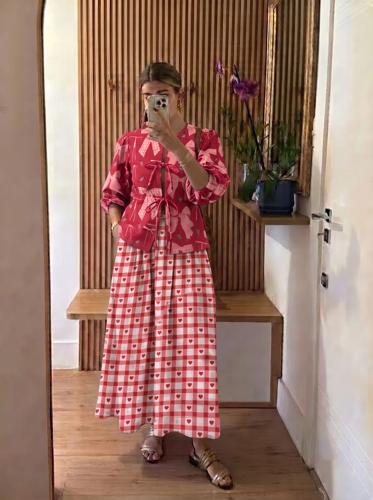 Red Ribbon Bow Printed Checkered Skirt Set