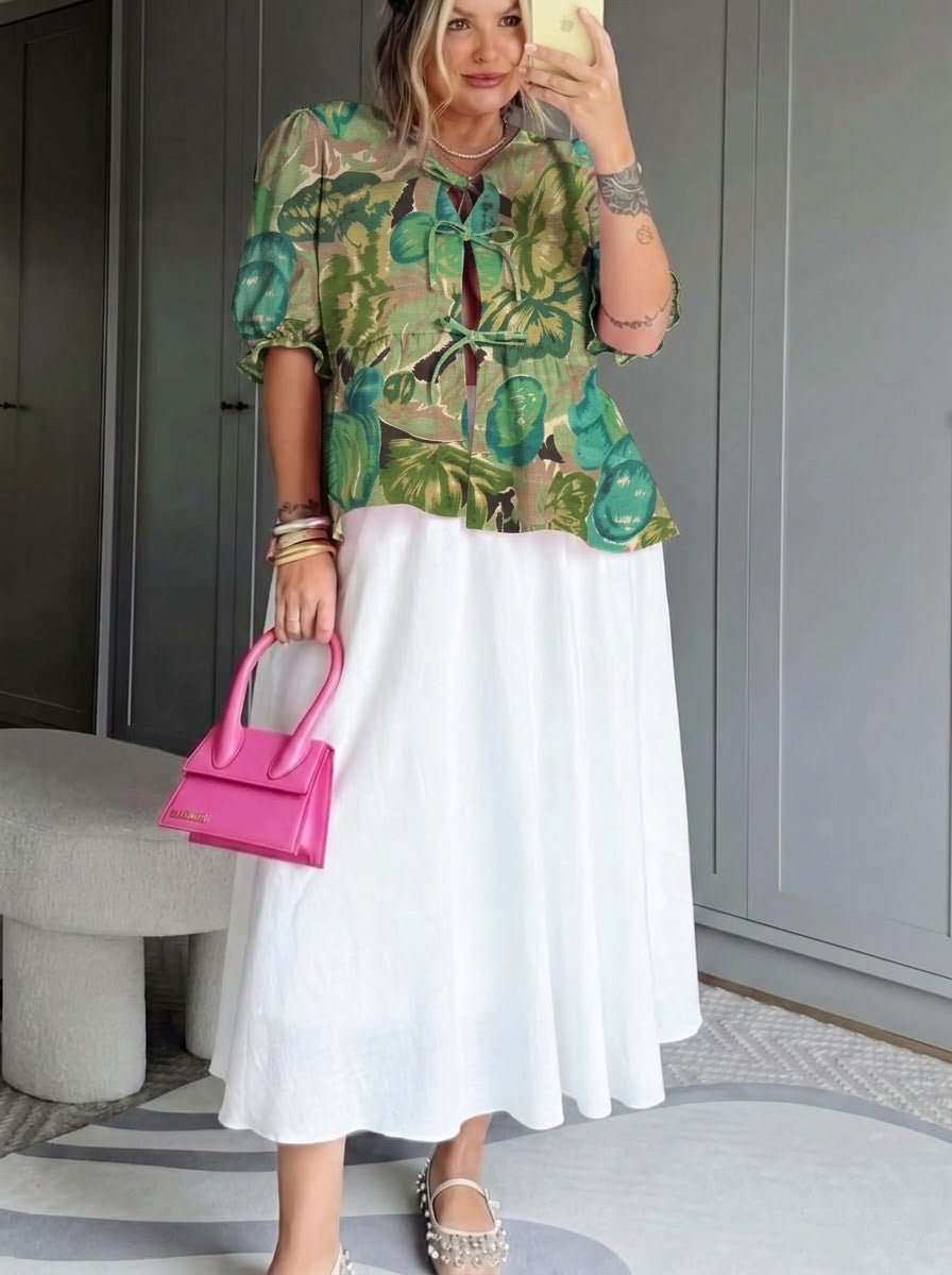 Green Tropical Floral Printed Flared Skirt Set