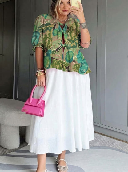Green Tropical Floral Printed Flared Skirt Set