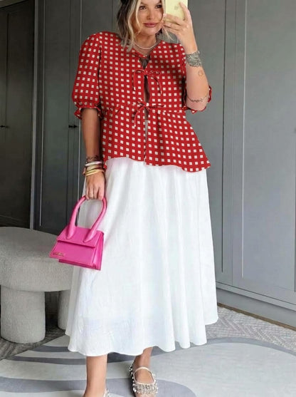 Red Checkered Front-Tie Flared Skirt Set