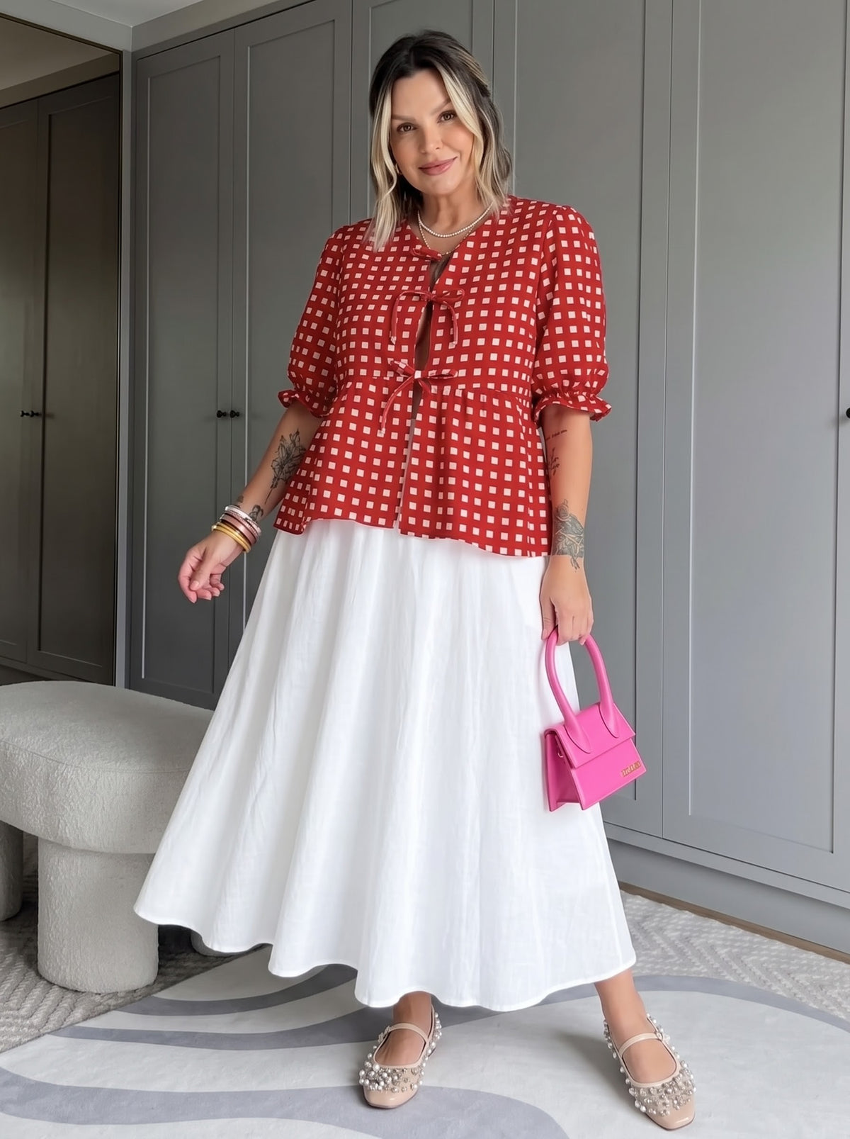 Red Checkered Front-Tie Flared Skirt Set