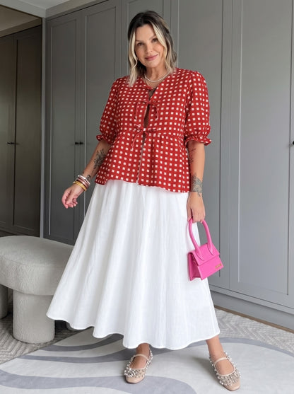 Red Checkered Front-Tie Flared Skirt Set