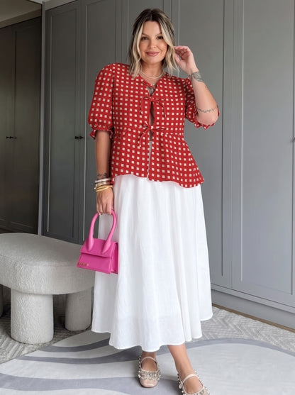 Red Checkered Front-Tie Flared Skirt Set