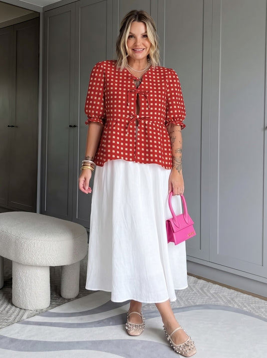Red Checkered Front-Tie Flared Skirt Set