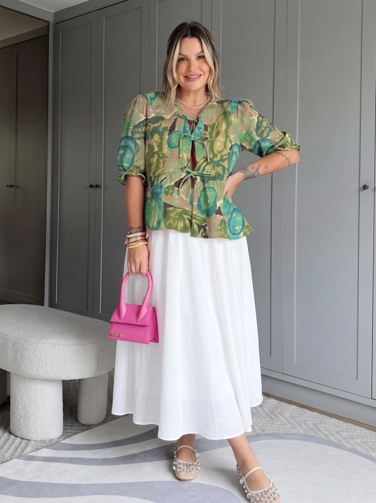 Green Tropical Floral Printed Flared Skirt Set